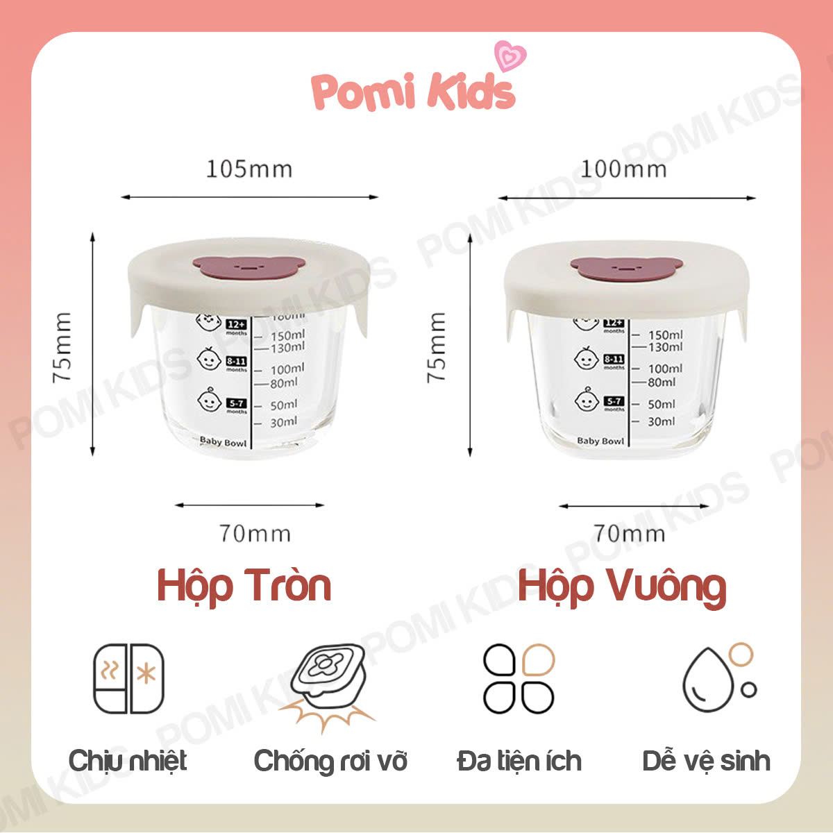 Hộp thủy tinh trữ đồ ăn dặm 180ml - mô tả kích thước